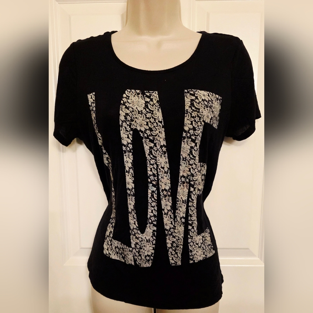 Xhiliration Black Graphic Lace Love Top